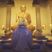Person sitting in front of Buddha Statue in Meditation Hall